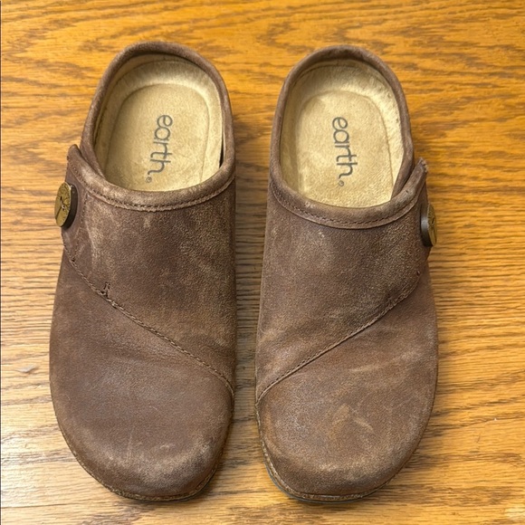Earth Brown Suede Clogs with Button Accent - Picture 1 of 4
